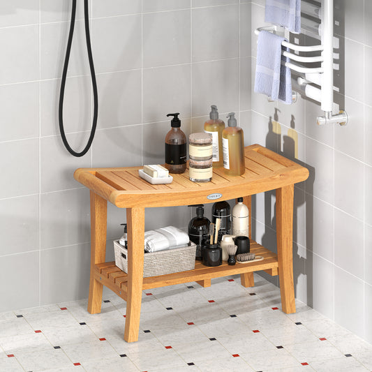 30 Inches Large Teak Shower Stool with Storage Shelf and Non-slip Footpads, Natural Bath Safety Natural at Gallery Canada