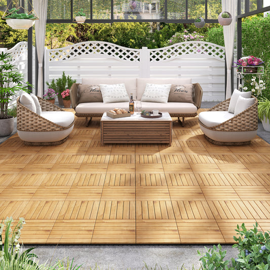 12 x 12 Inch Interlocking Deck Tiles, 30 PCS Acacia Wood Patio Tiles, Natural Decorative Fencing & Flooring Natural at Gallery Canada