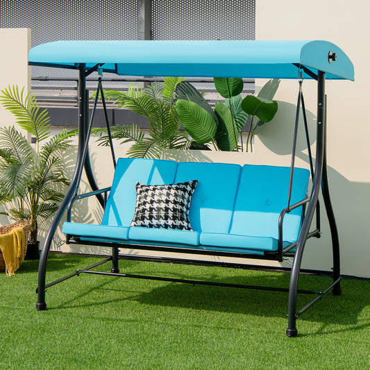 3 Seat Outdoor Porch Swing with Adjustable Canopy, Blue Porch Swings Blue at Gallery Canada