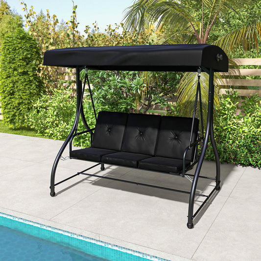 3 Seat Outdoor Porch Swing, Adjustable Canopy, Black