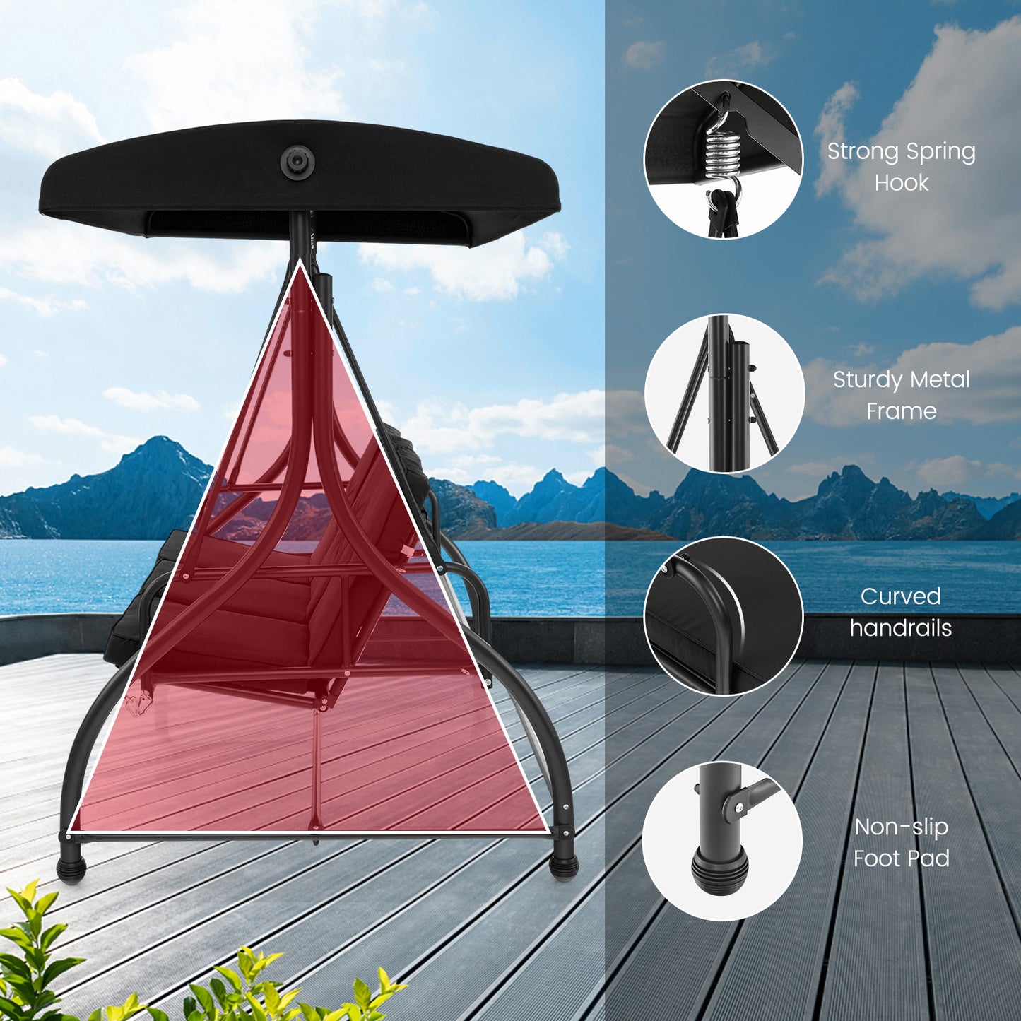 3 Seat Outdoor Porch Swing, Adjustable Canopy, Black