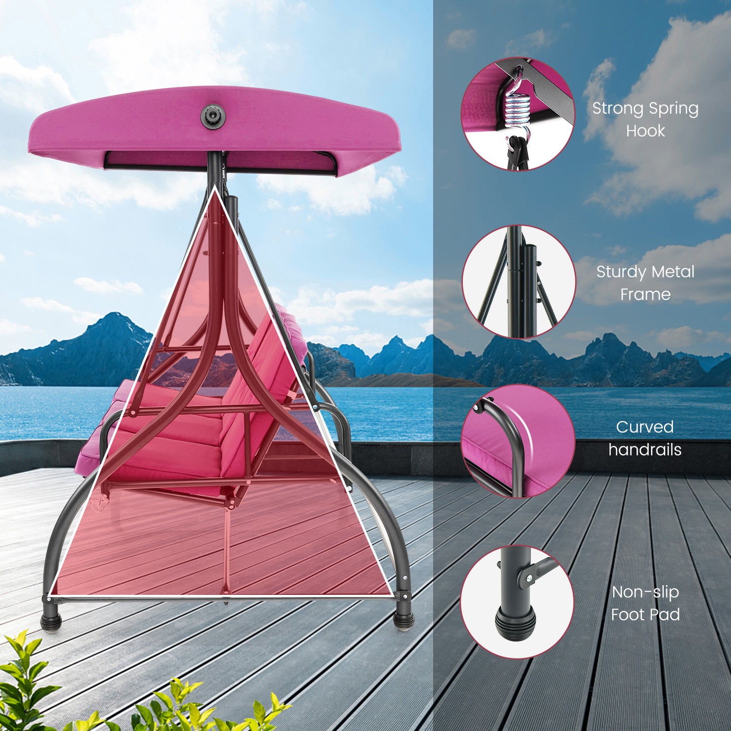 Balançoire de Porche Extérieure 3 Places, Toit Ajustable, Vin