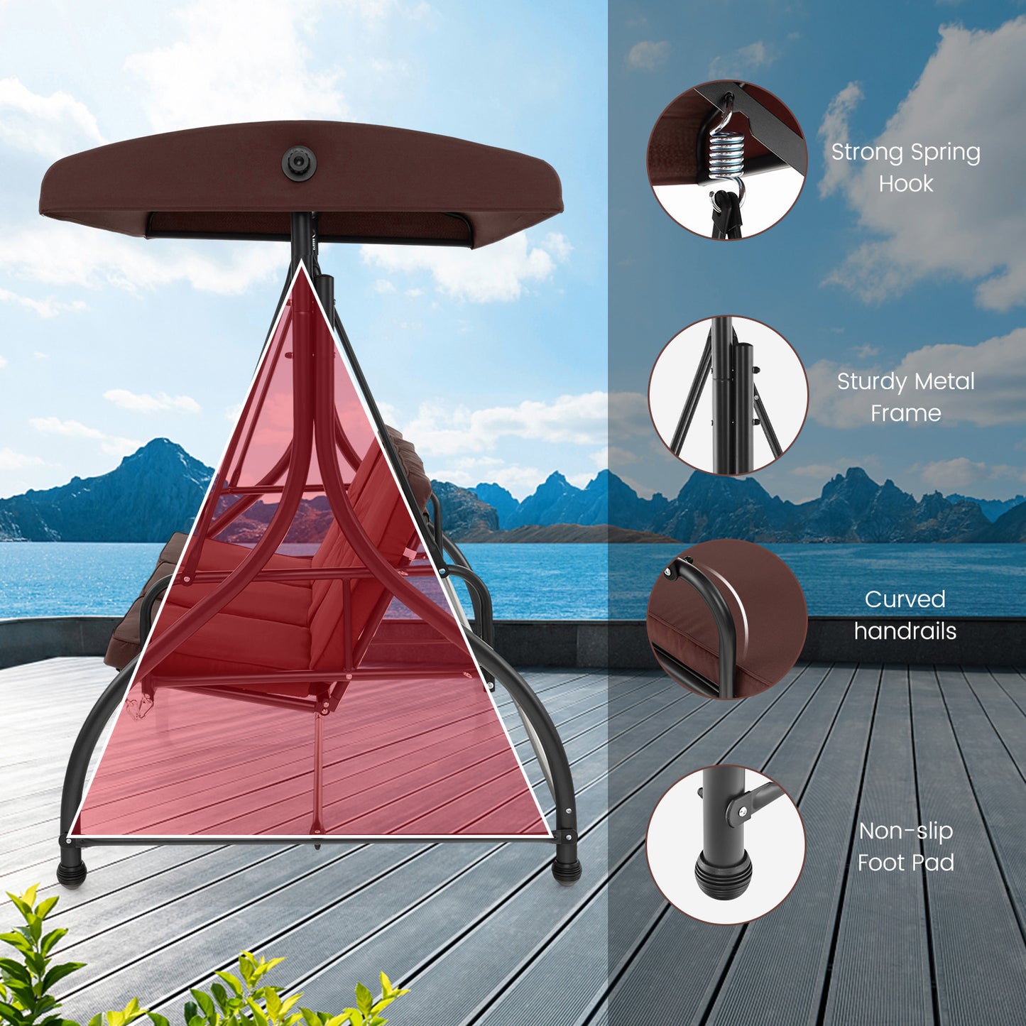 3 Seat Outdoor Porch Swing, Adjustable Canopy, Coffee Porch Swings at Gallery Canada
