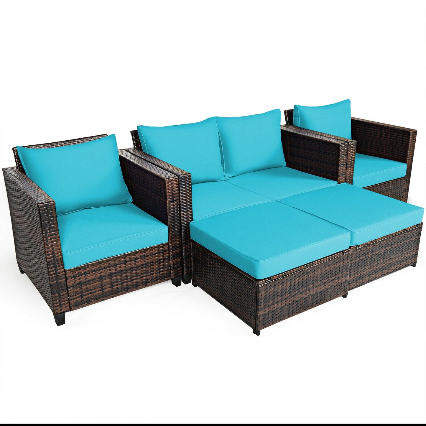 5 Piece Patio Cushioned Rattan Furniture Set, Turquoise Outdoor Sectionals at Gallery Canada