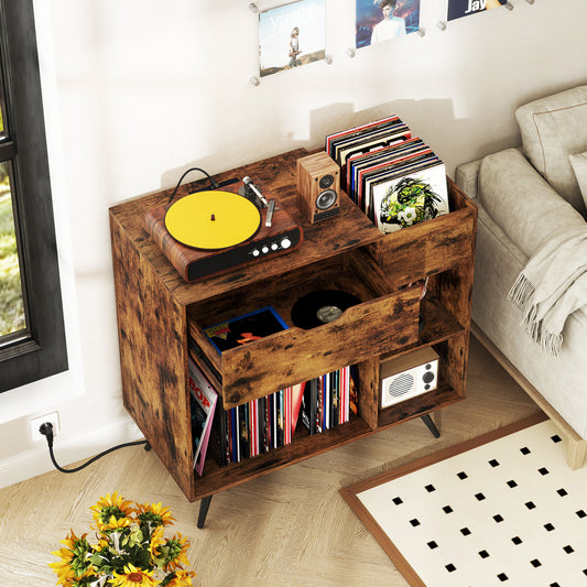 Record Player Stand With Power Outlet, Rustic Brown End & Side Tables Rustic Brown at Gallery Canada