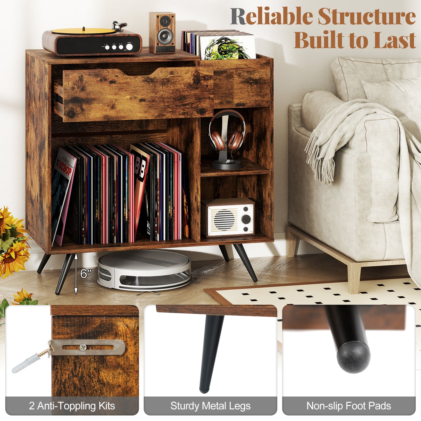 Record Player Stand With Power Outlet, Rustic Brown End & Side Tables at Gallery Canada