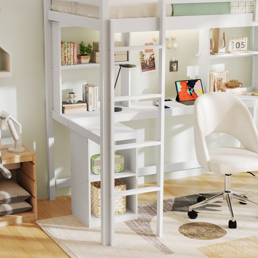 Twin Loft Bed With LED Light And Desk Bunk Bed Frame White at Gallery Canada