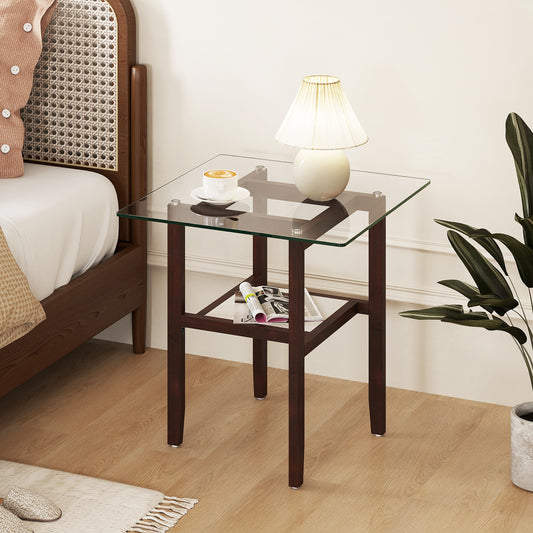 24 Inch 2-Tier Square Glass Coffee Table, Storage Shelf, Brown End & Side Tables Brown at Gallery Canada
