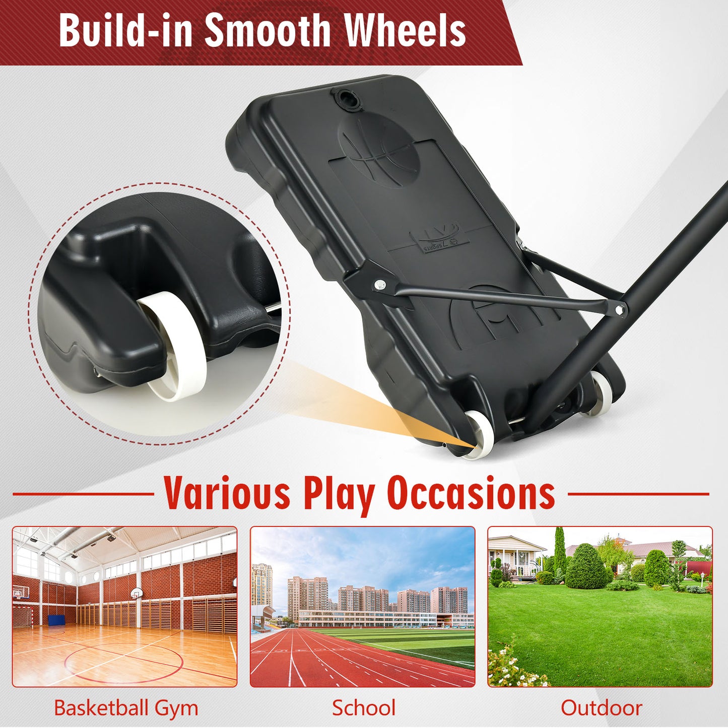 Portable Basketball Hoop, 4.3-8.2 FT Adjustable Height, Wheels, Black Red Sport Equipments at Gallery Canada