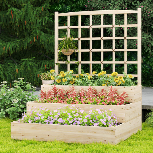 3-Tier Raised Garden Bed, Lattice Trellis, Open-Ended Base, Natural Raised Garden Beds Natural at Gallery Canada