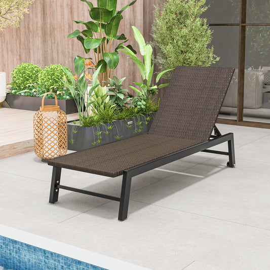 Patio PE Rattan Chaise Lounge, 5-Level Backrest, Wheels, Brown Outdoor Chaise Lounges Brown at Gallery Canada