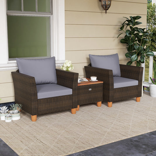 3 Pieces Patio Rattan Bistro Furniture Set with Wooden Table Top, Gray Patio Conversation Sets Gray at Gallery Canada