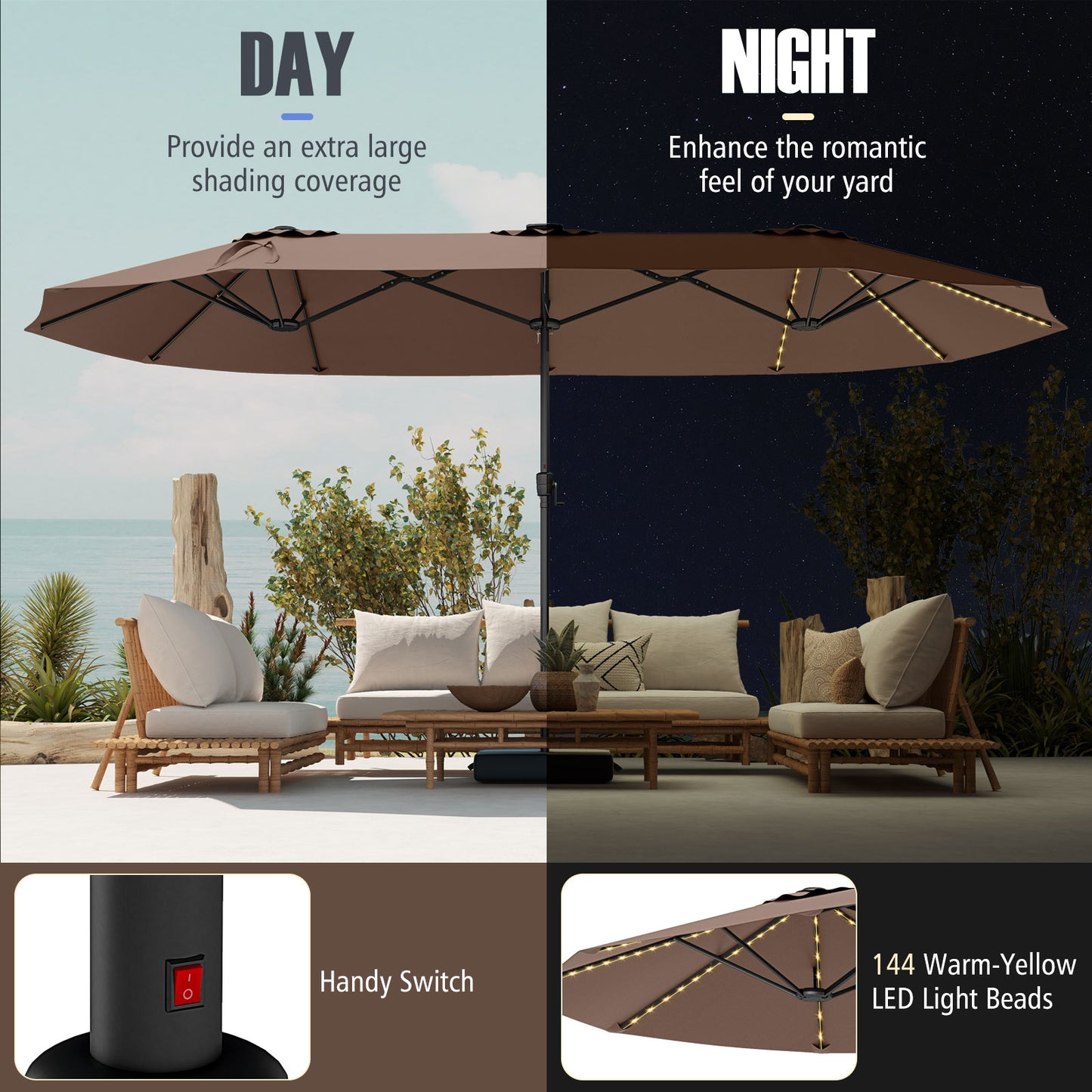 15.5 FT Extra-Large Patio Umbrella, LED Solar Lights, Crank Handle, Brown Outdoor Umbrellas at Gallery Canada
