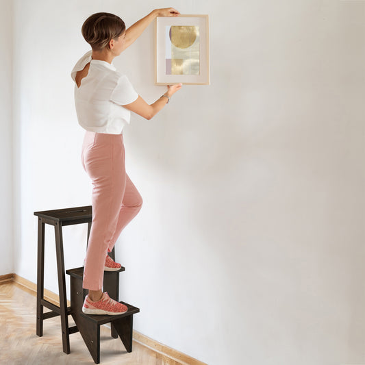 3-Tier Rubber Wood Folding Step Stool Ladder, Brown Kitchen Utensils Brown at Gallery Canada