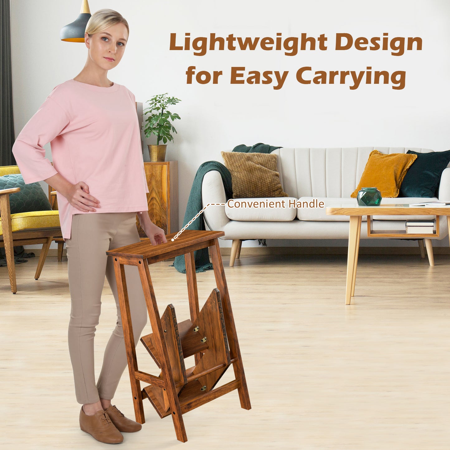 3-In-1 Rubber Wood Step Stool Ladder, 3 Tier, Coffee