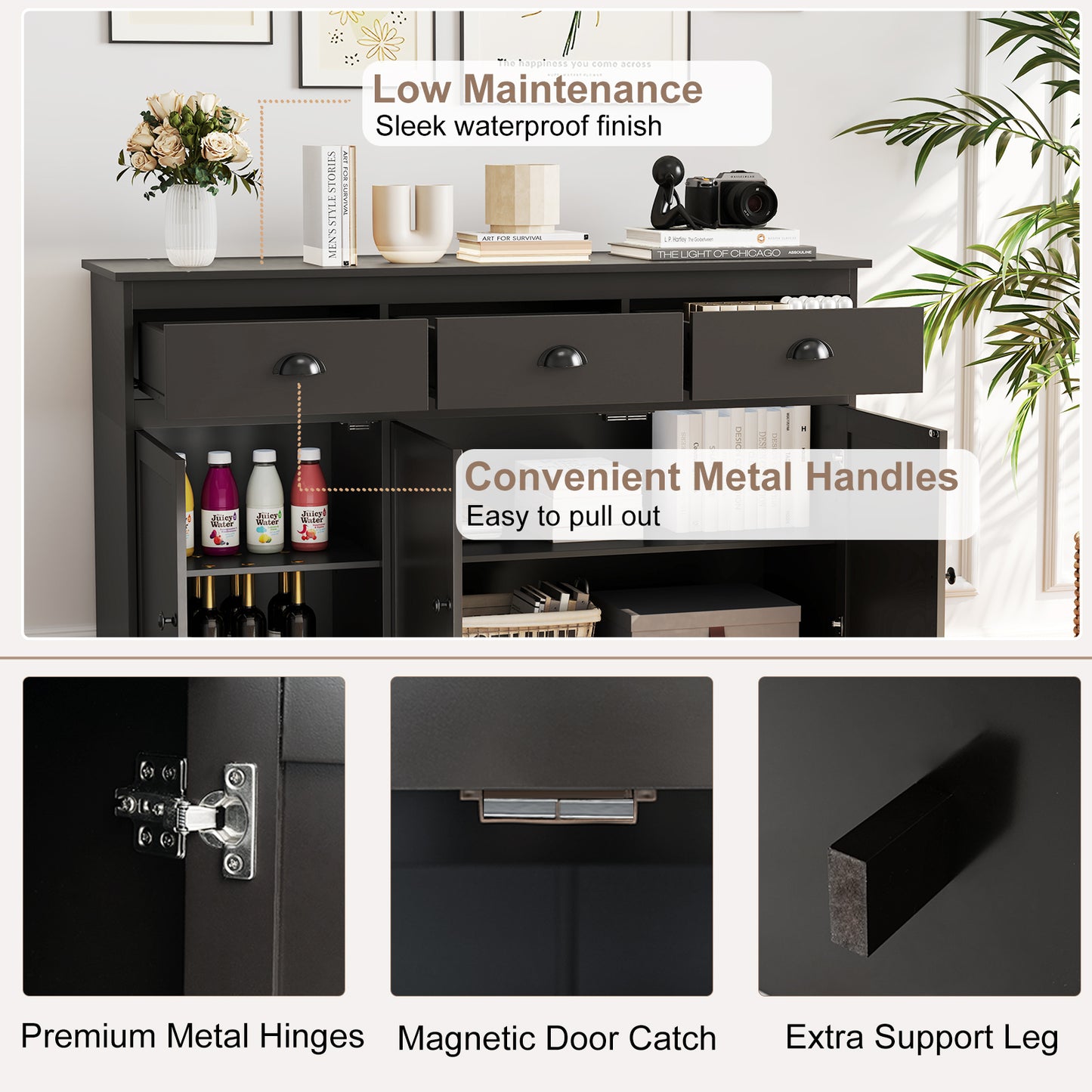 3 Drawer Sideboard Buffet, Adjustable Shelves, Brown Sideboards Cabinets & Buffets at Gallery Canada