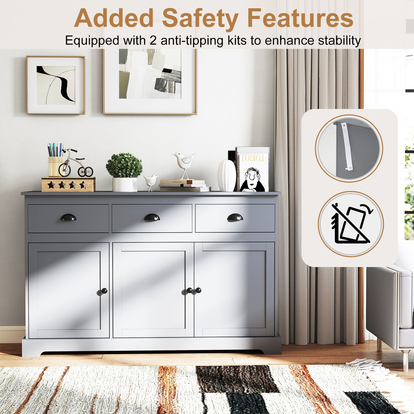 3 Drawers Sideboard Buffet Storage, Adjustable Shelves, Gray Sideboards Cabinets & Buffets at Gallery Canada