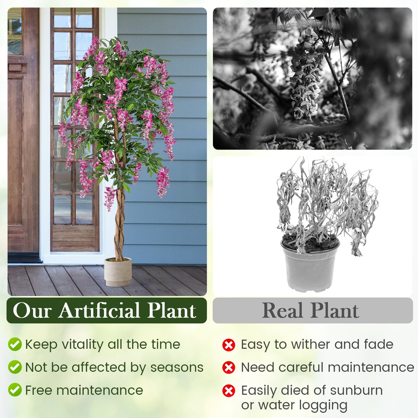 5.5 FT Faux Wisteria Plant, Nursery Pot, Blooming Flowers, Rose Red Faux Plants at Gallery Canada