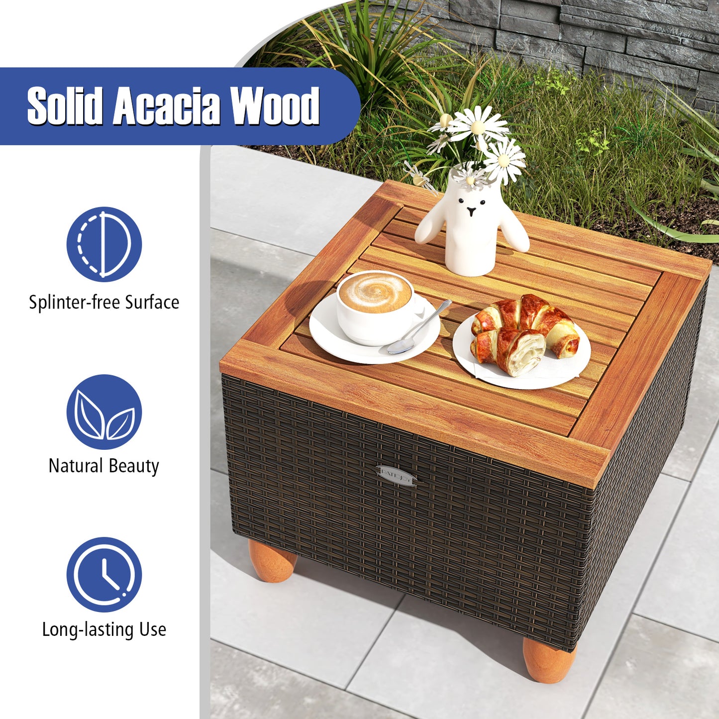3-Piece Patio PE Wicker Set With Cushions, Acacia Wood Coffee Table, Navy Patio Conversation Sets at Gallery Canada