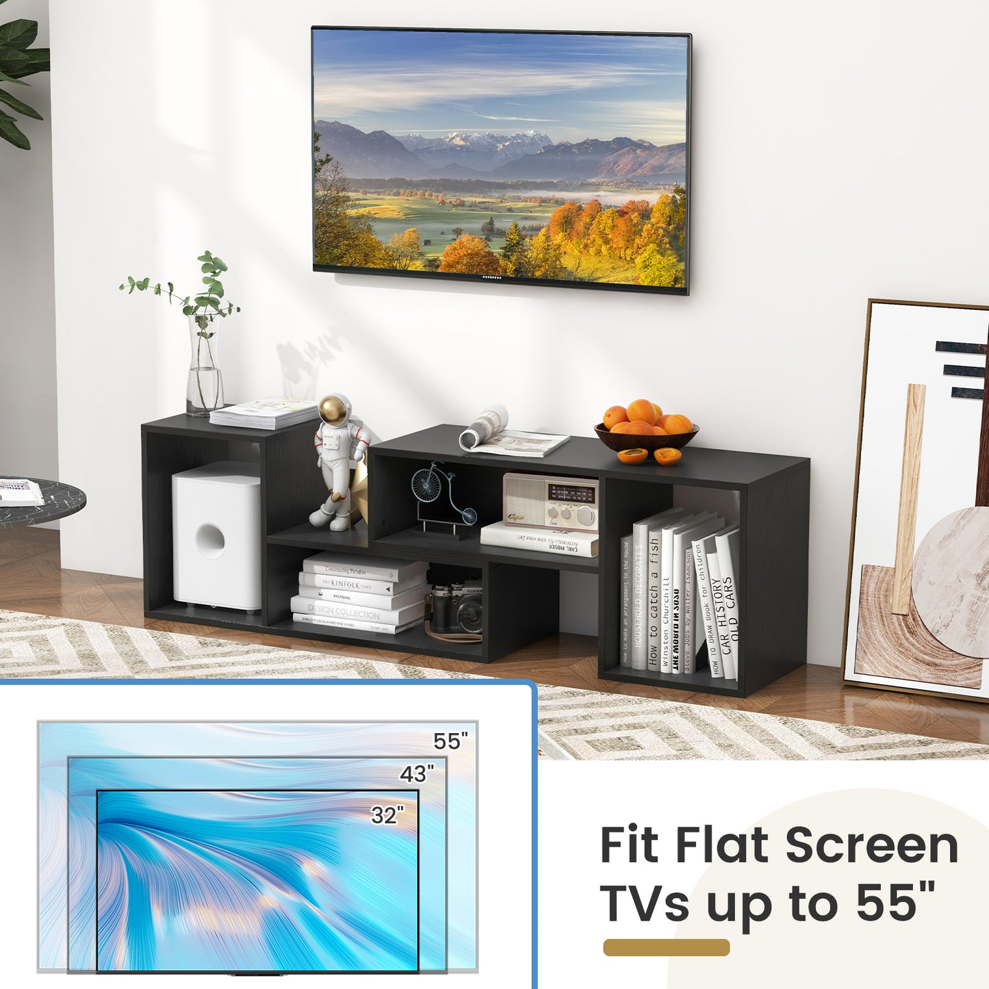 Adjustable TV Stand For 55 Inch TVs, With Storage Cubes, Black Entertainment Centers & TV Stands at Gallery Canada
