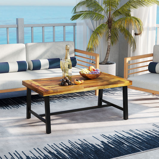 Acacia Wood Coffee Table, Thickened Top, Heavy-Duty Metal Legs, Natural Patio Coffee Tables Natural at Gallery Canada