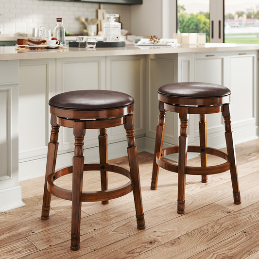Set Of 2 24-Inch Swivel Leather Padded Bar Stools, Walnut Bar Stools Walnut at Gallery Canada