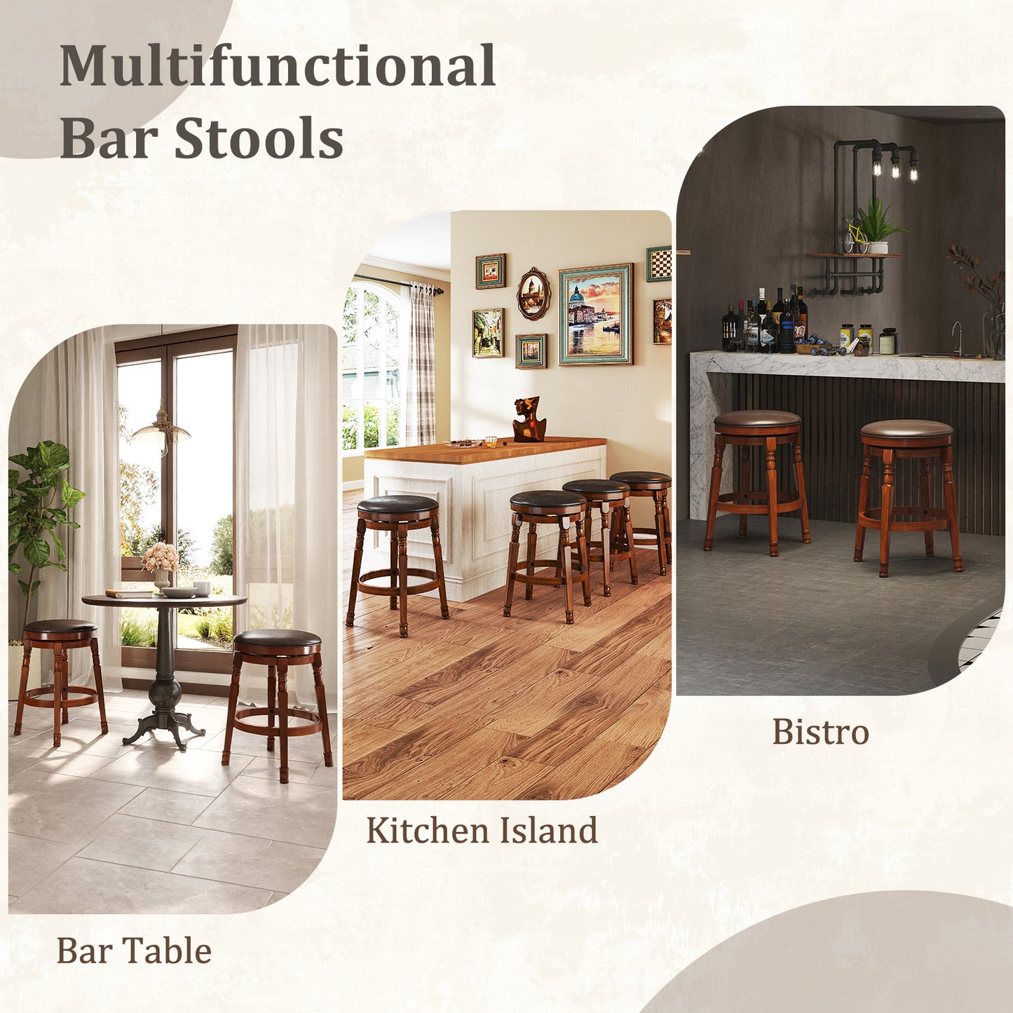 Set of 2 24-Inch Swivel Leather Padded Bar Dining Stools, Walnut Bar Stools at Gallery Canada