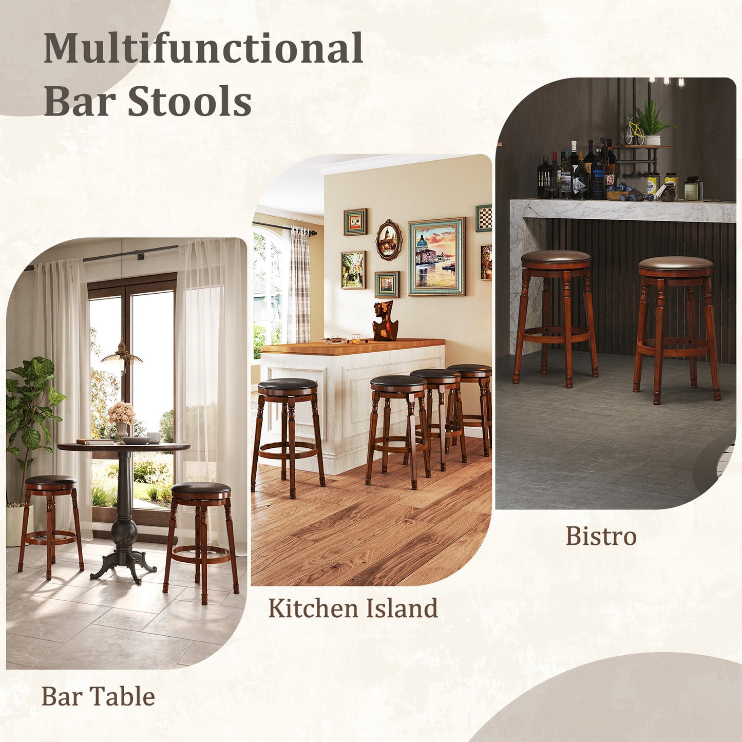 Set Of 2 29-Inch Swivel Leather Padded Dining Bar Stools, Walnut Bar Stools at Gallery Canada