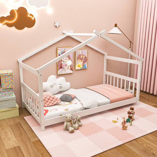 Twin Size Wooden House Bed With Roof, White Simple Bed Frame White at Gallery Canada