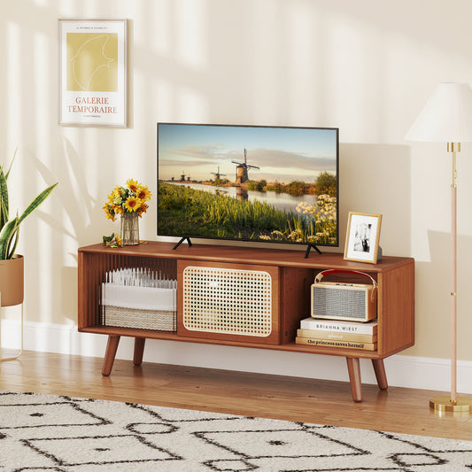 Modern TV Stand With Rattan Glass Sliding Doors, Brown Entertainment Centers & TV Stands Brown at Gallery Canada