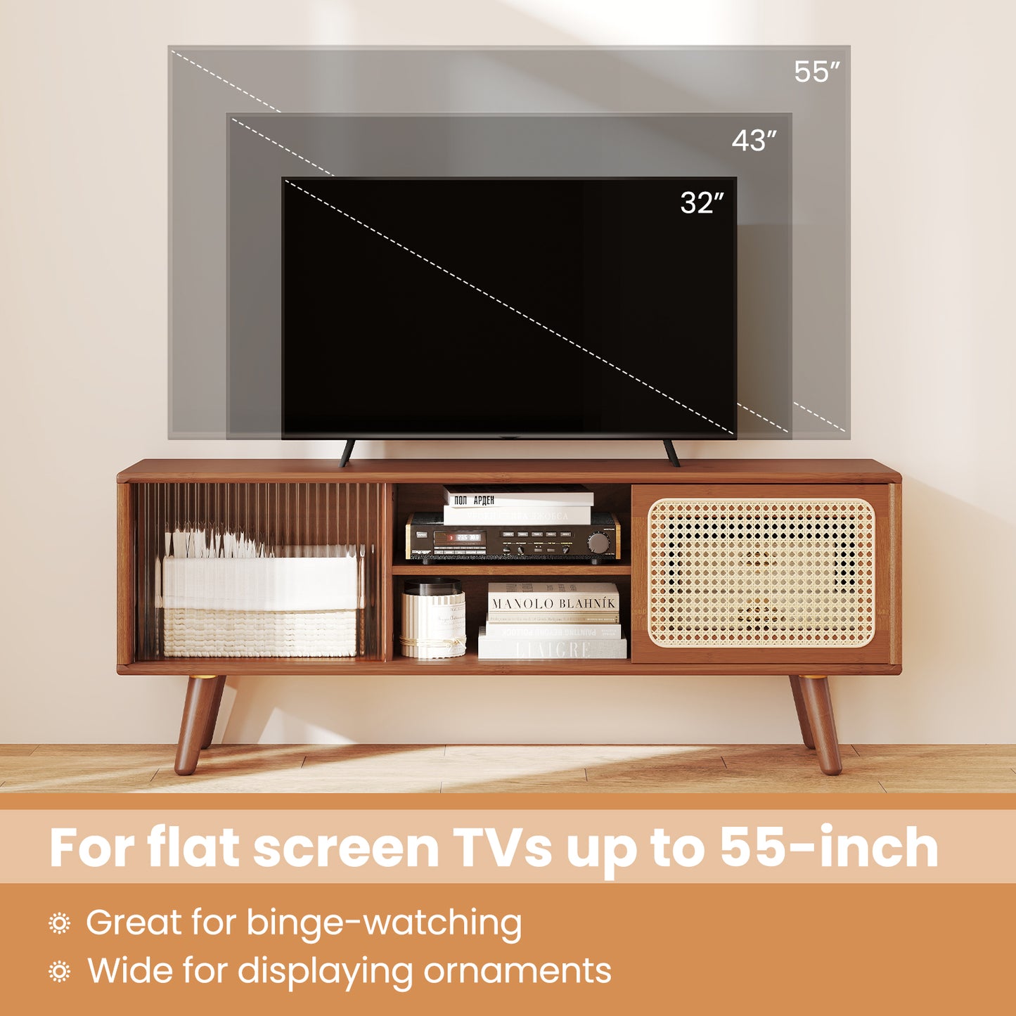 Modern TV Stand With Rattan Glass Sliding Doors, Brown Entertainment Centers & TV Stands at Gallery Canada