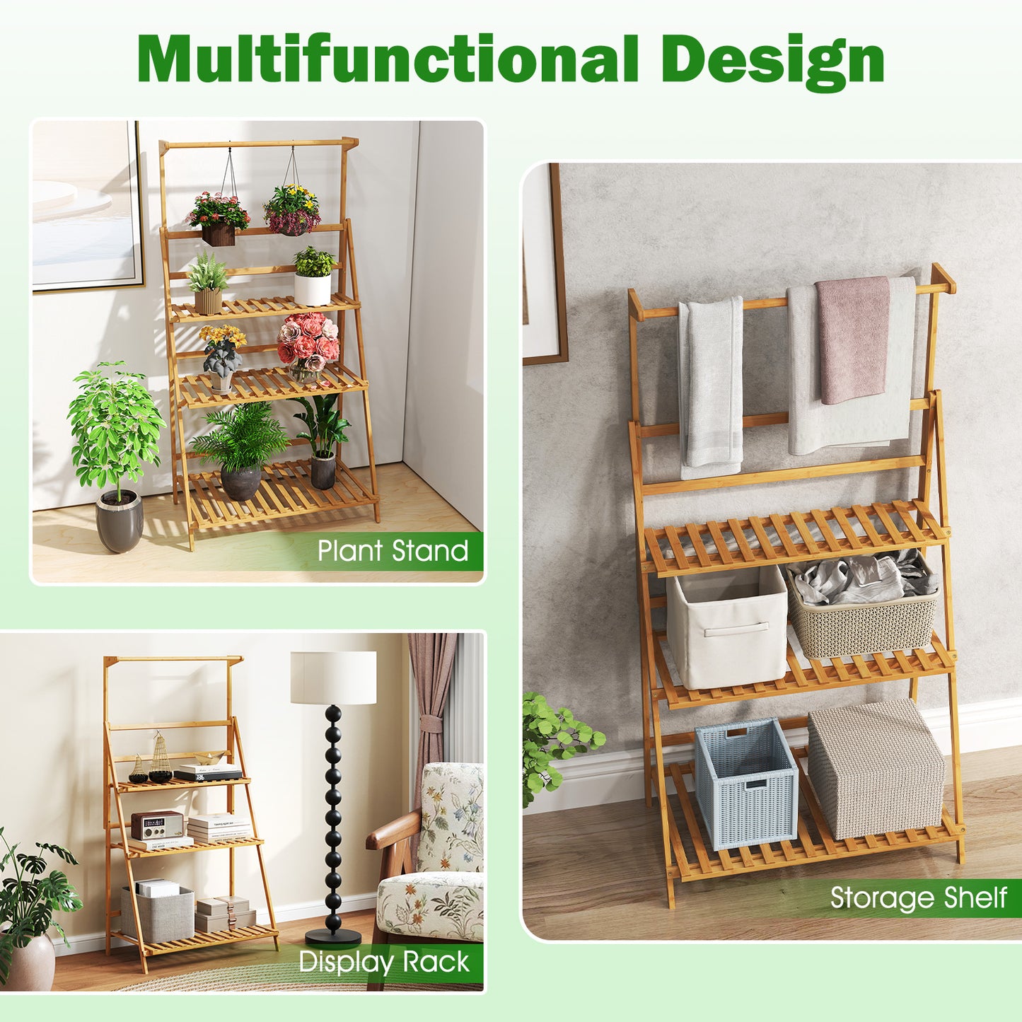 3 Tier Bamboo Hanging Plant Stand with Height Adjustable Hanger Rod, Natural Plant Stands at Gallery Canada