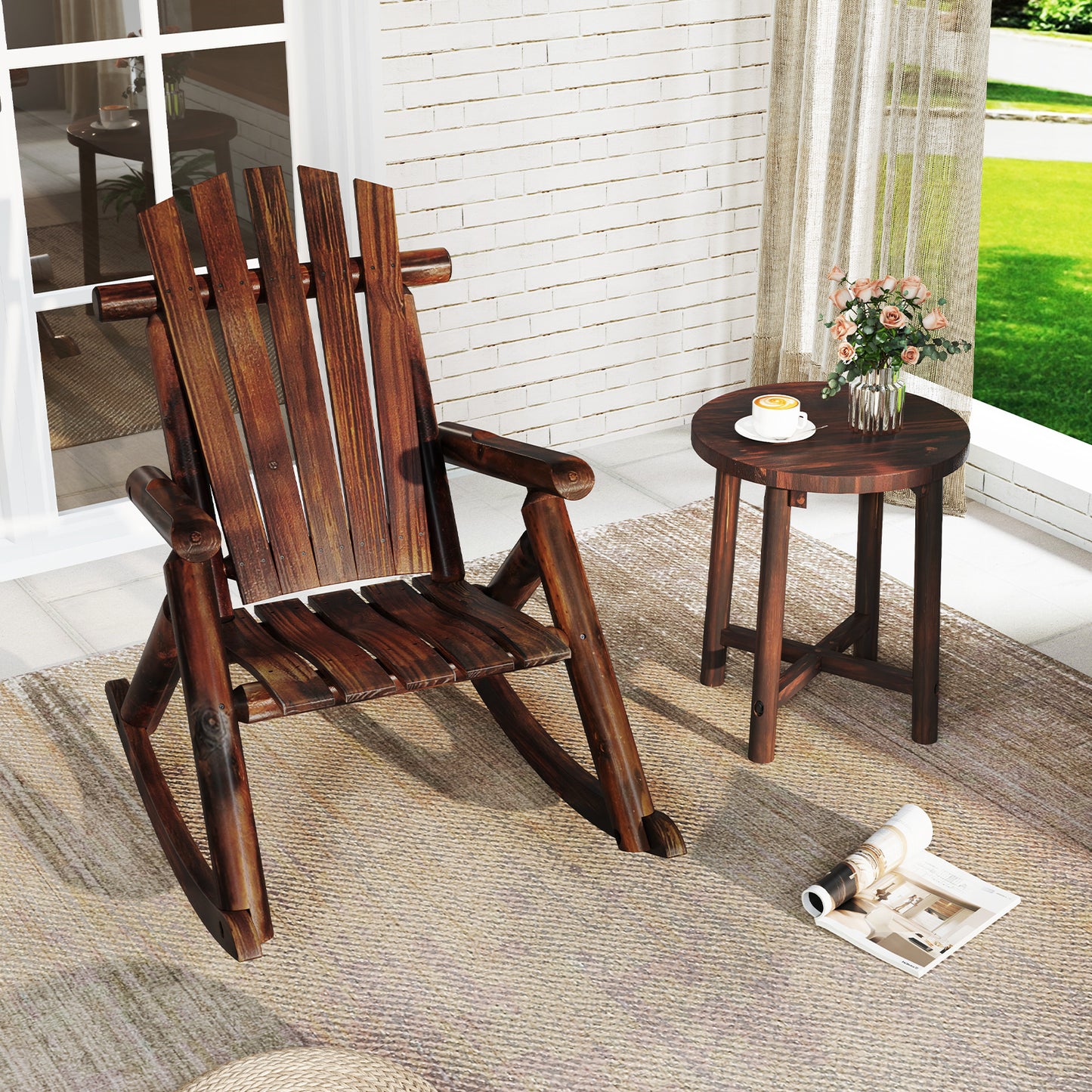 Outdoor Adirondack Rocking Chair, Solid Wood Porch Rocker, Brown