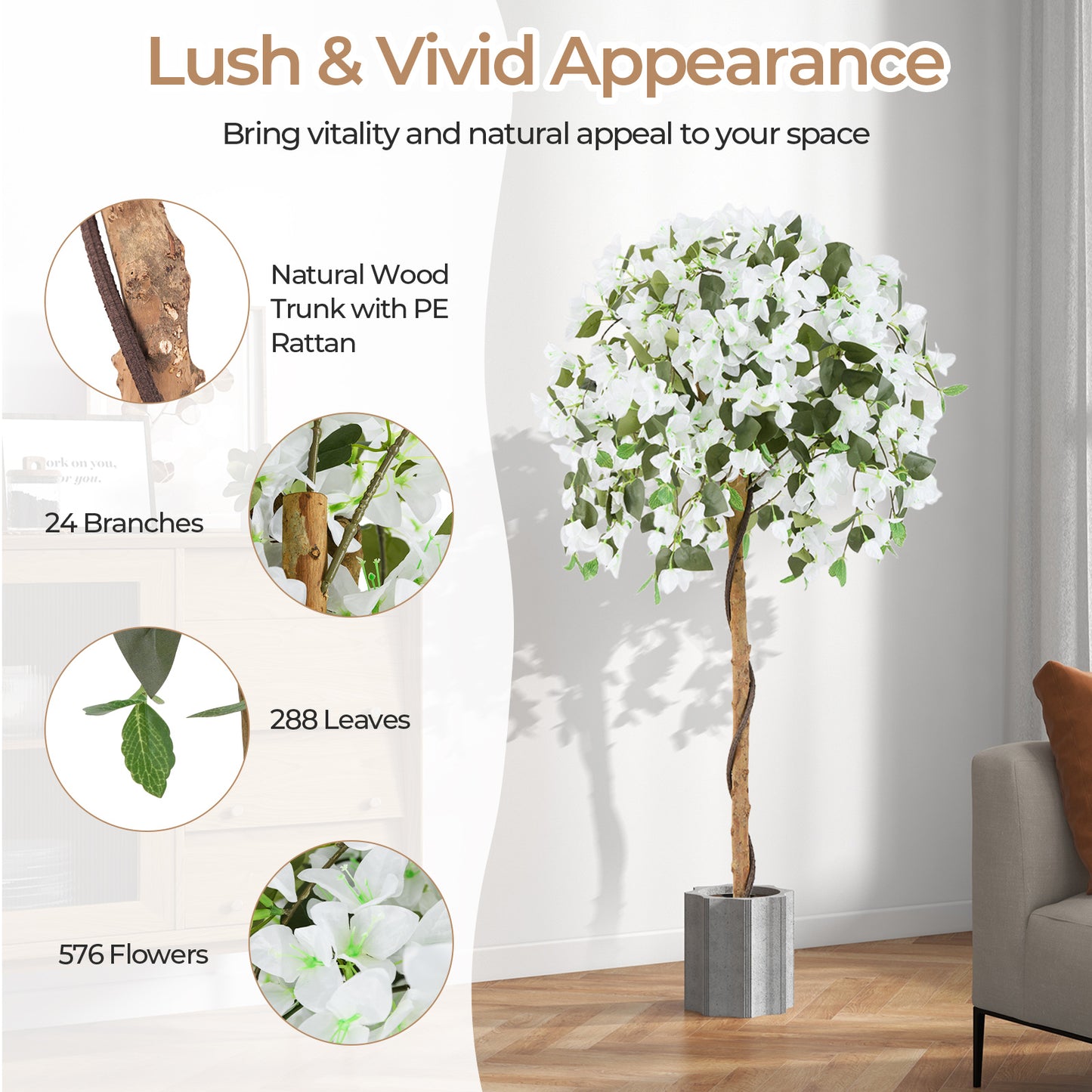 4.5 Feet Artificial Azalea Tree, Cement Pot, White Faux Plants at Gallery Canada