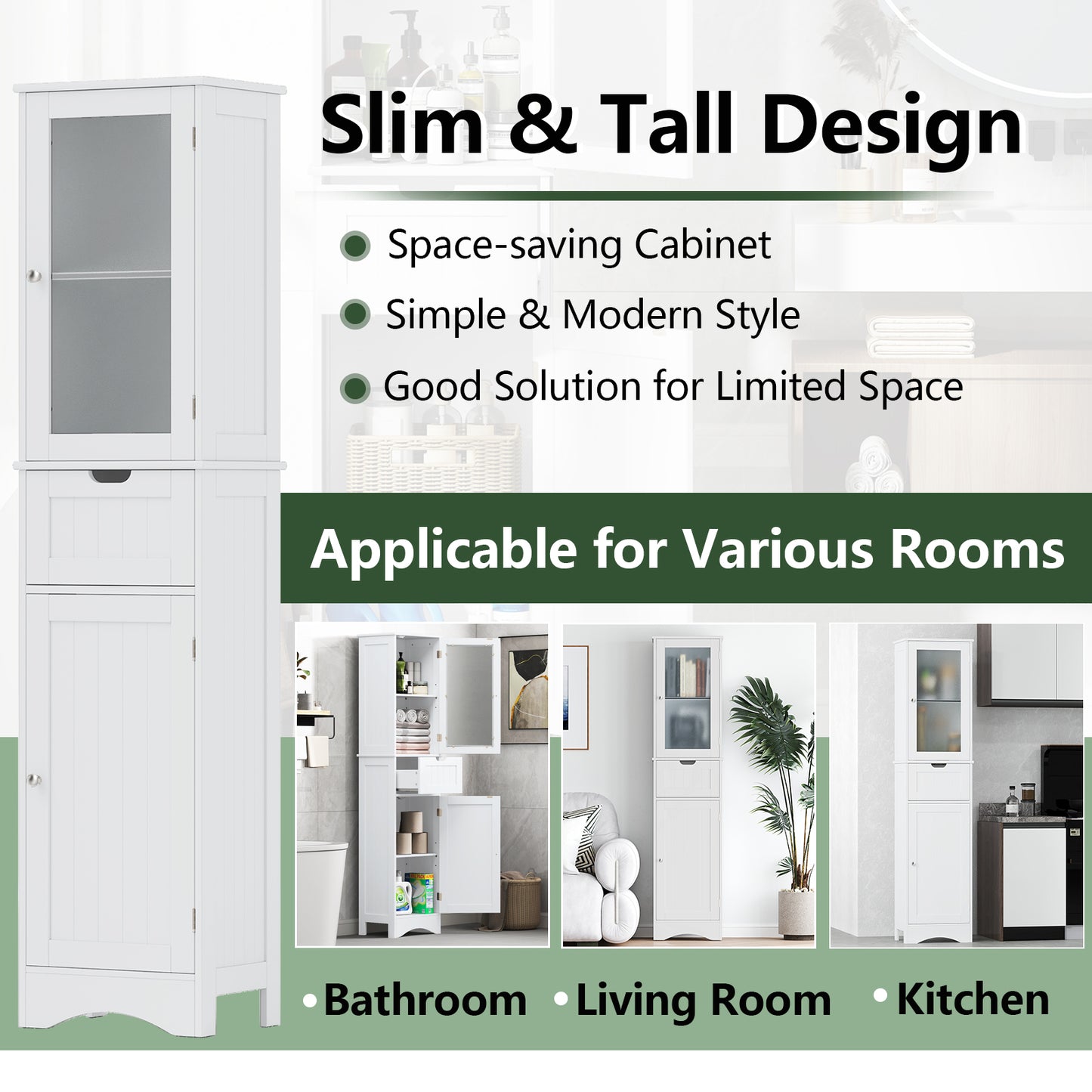 Tall Floor Storage Cabinet with 2 Doors and 1 Drawer for Bathroom, White Floor Cabinets at Gallery Canada