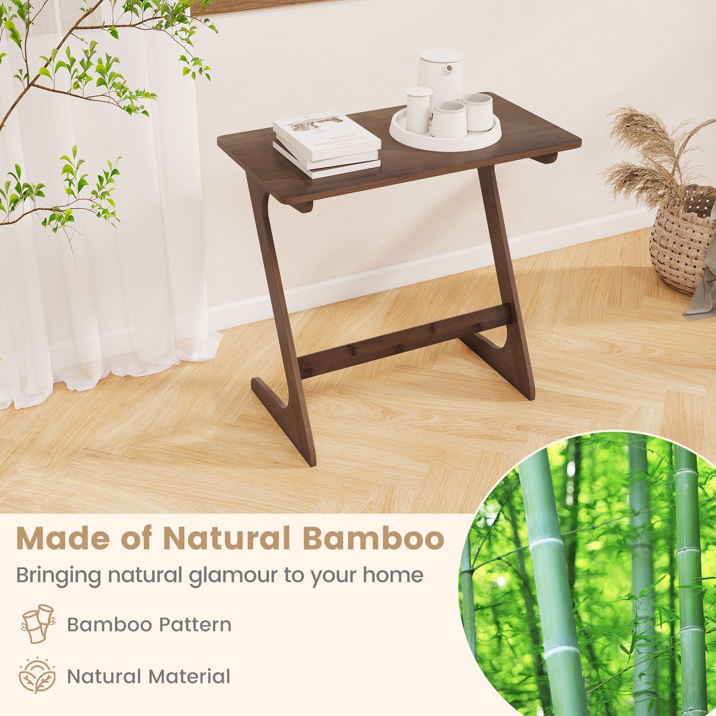 Bamboo Z-Shaped Spacious Sofa Side Table with Space-Saving Tabletop, Coffee End & Side Tables at Gallery Canada