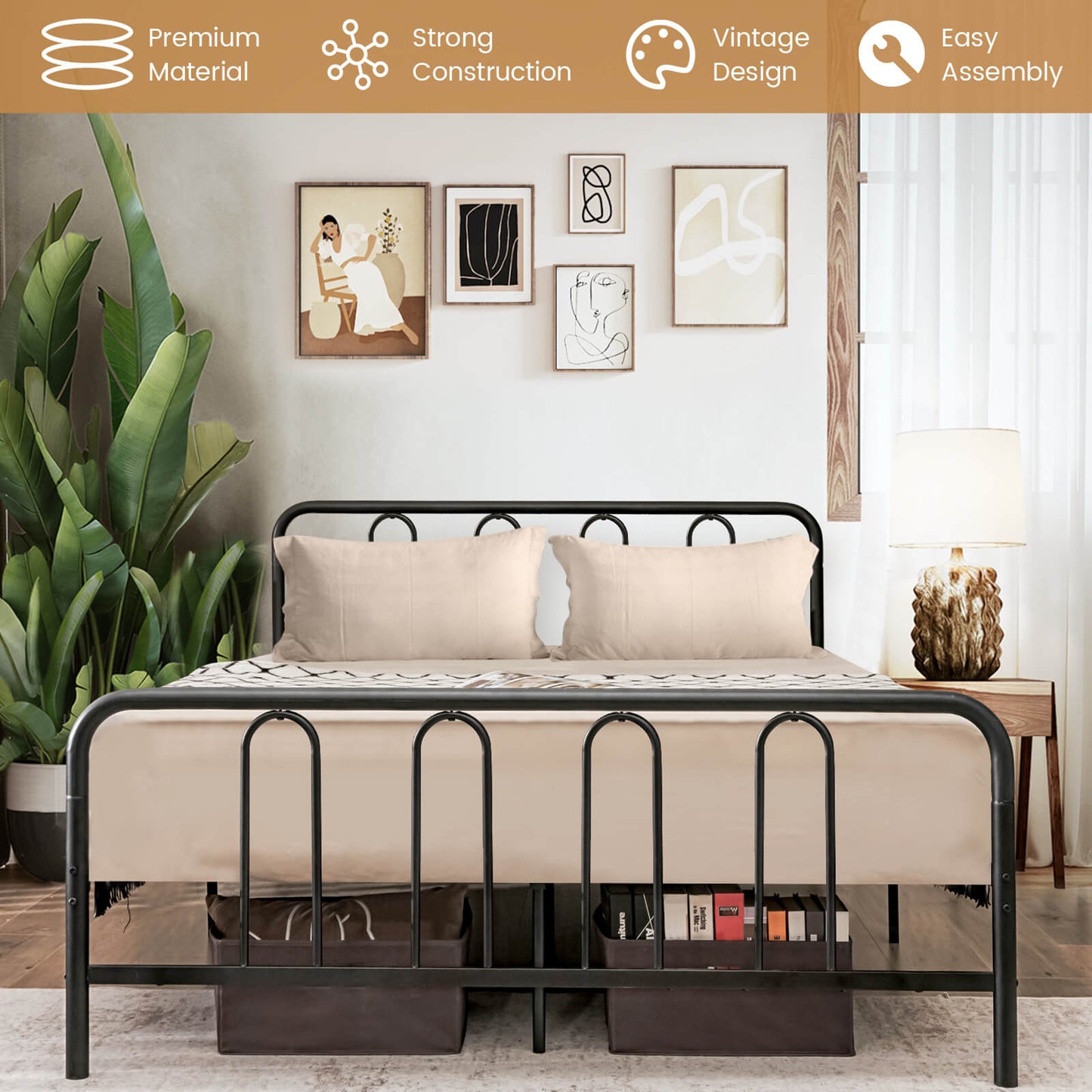 Full/Queen Size Metal Bed Frame with Headboard and Footboard-Full Size, Black Simple Bed Frame at Gallery Canada