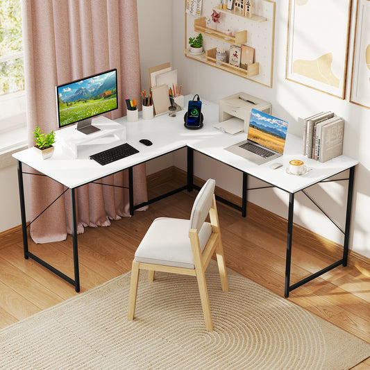 L-Shaped Computer Desk With Power Outlets, Monitor Shelf, White