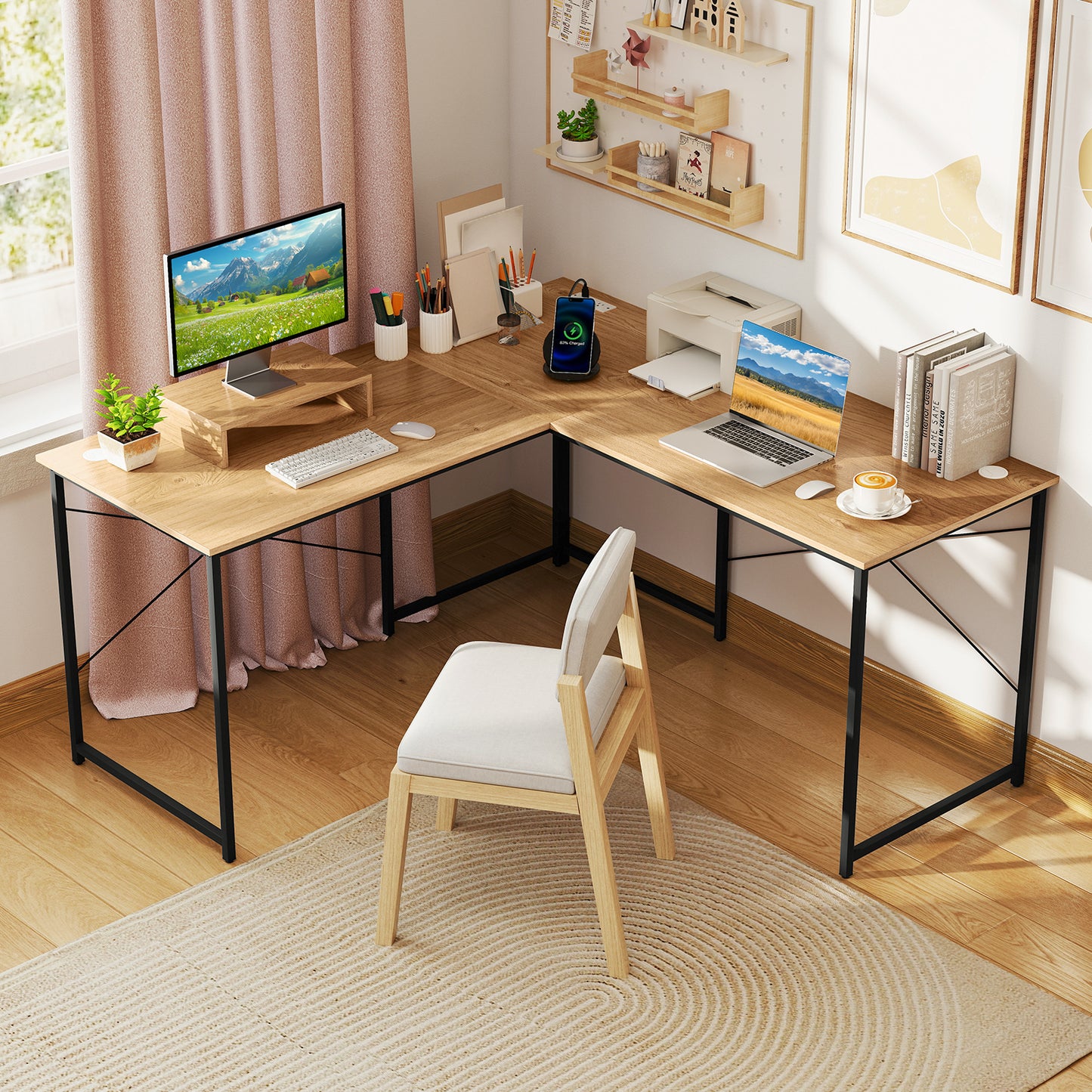 Bureau d'ordinateur en L réversible de 95 pouces avec support moniteur, naturel