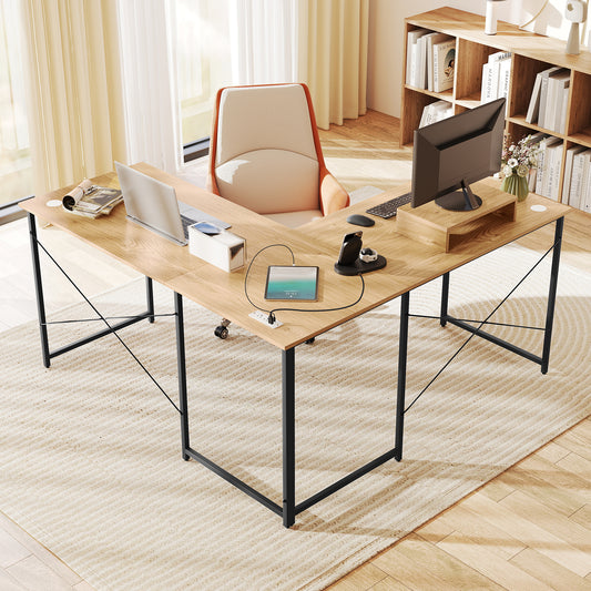 95 Inch L-Shaped Reversible Computer Desk With Monitor Stand, Natural L-Shaped Desks Natural at Gallery Canada