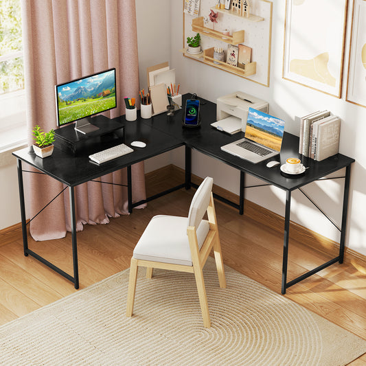 95 Inch 2-Person L-Shaped Long Reversible Computer Desk with Monitor Stand, Black L-Shaped Desks Black at Gallery Canada