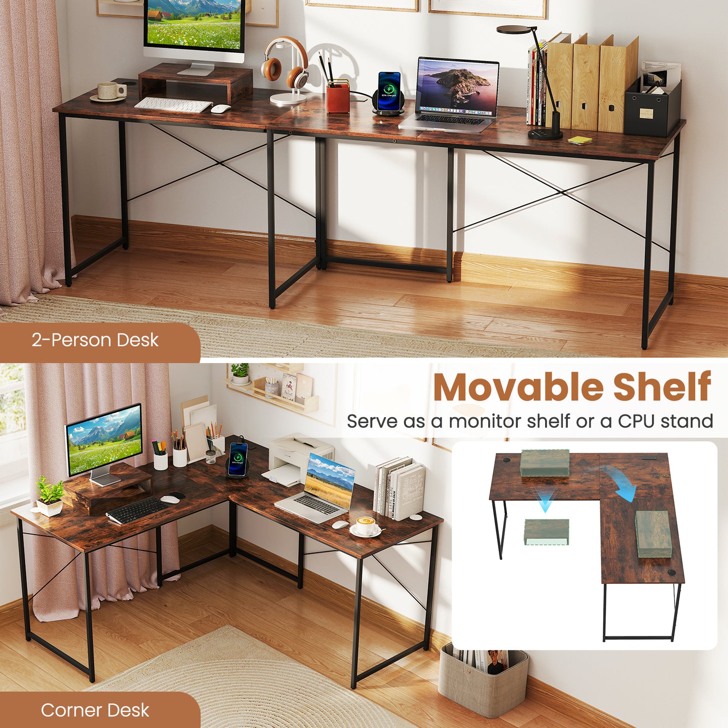 95 Inch L-Shaped Reversible Computer Desk, Rustic Brown L-Shaped Desks at Gallery Canada