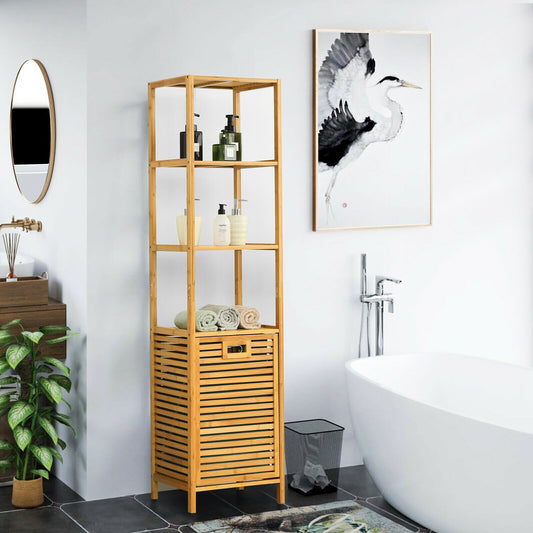 Bamboo Tower Hamper Organizer with 3-Tier Storage Shelves, Natural Floor Cabinets Natural at Gallery Canada