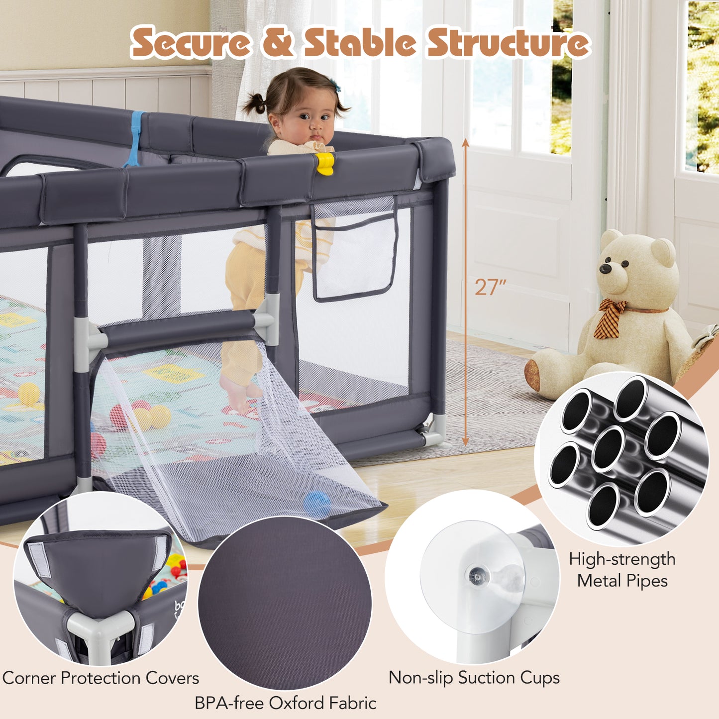 Large Baby Playpen with Mat and Ocean Balls-Dark gray, Dark Gray Baby Playpen & Playards at Gallery Canada
