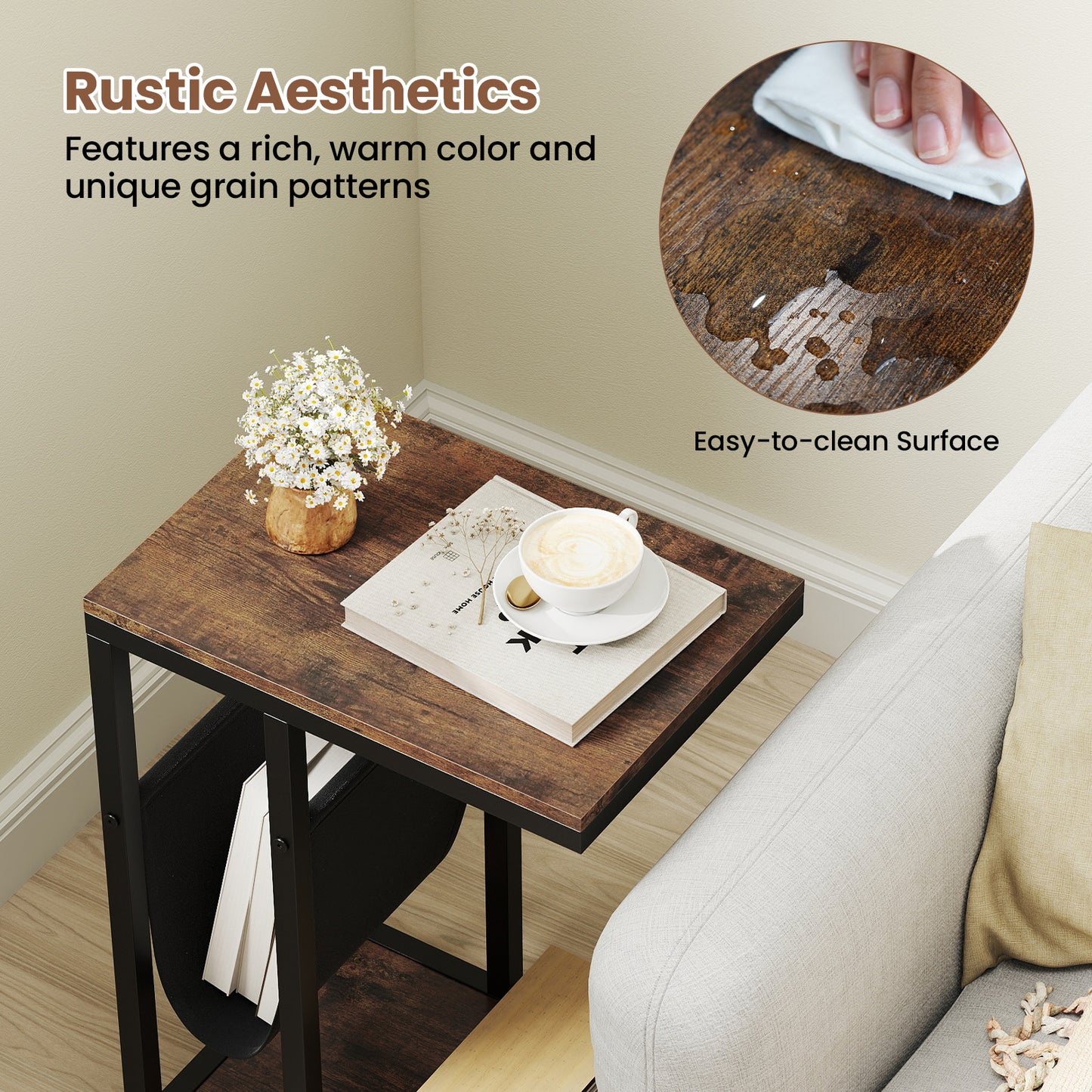 C-shaped Side Table with Canvas Storage Pouch and Metal Frame-Borwn, Brown End & Side Tables at Gallery Canada