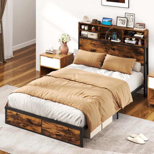 Full King Size Bed Frame, Storage Headboard, Industrial Metal Platform, Rustic Brown Simple Bed Frame Rustic Brown at Gallery Canada