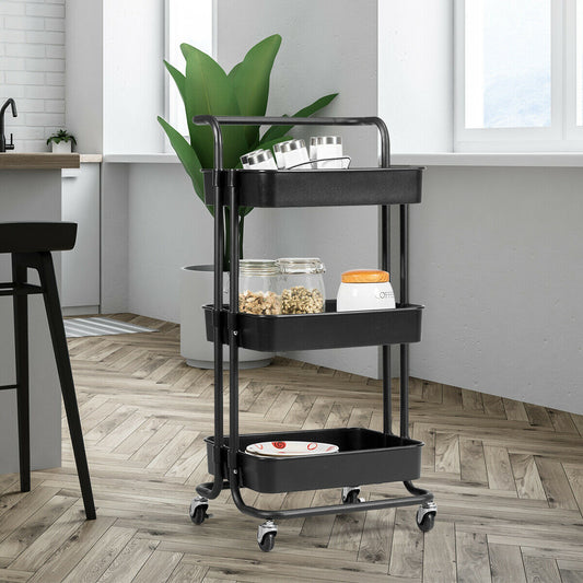 3-Tier Utility Cart Storage Rolling Cart with Casters, Black Kitchen Islands & Carts Black at Gallery Canada