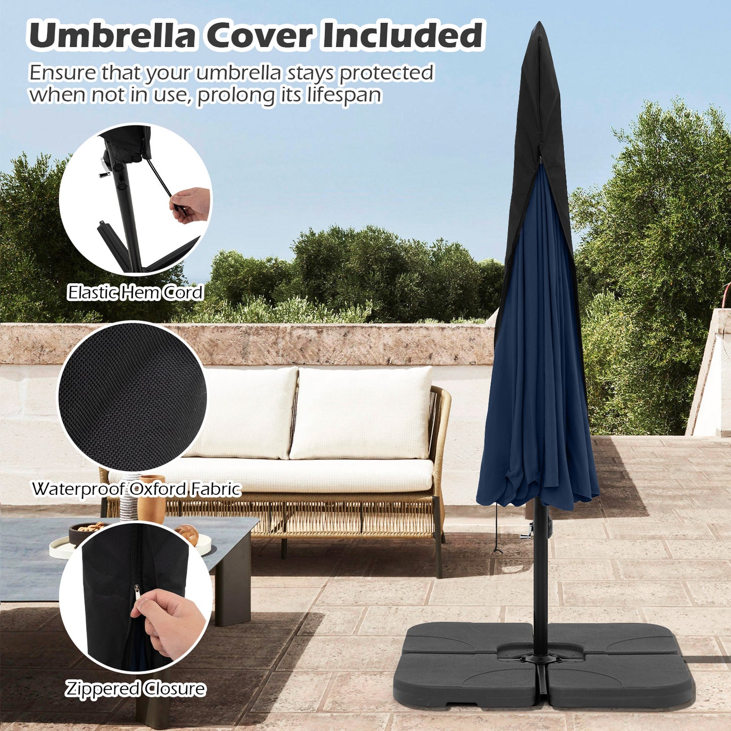 10 Feet Patio Cantilever Umbrella, Tilt Adjustment, Ruffled Edge, Navy Outdoor Umbrellas at Gallery Canada