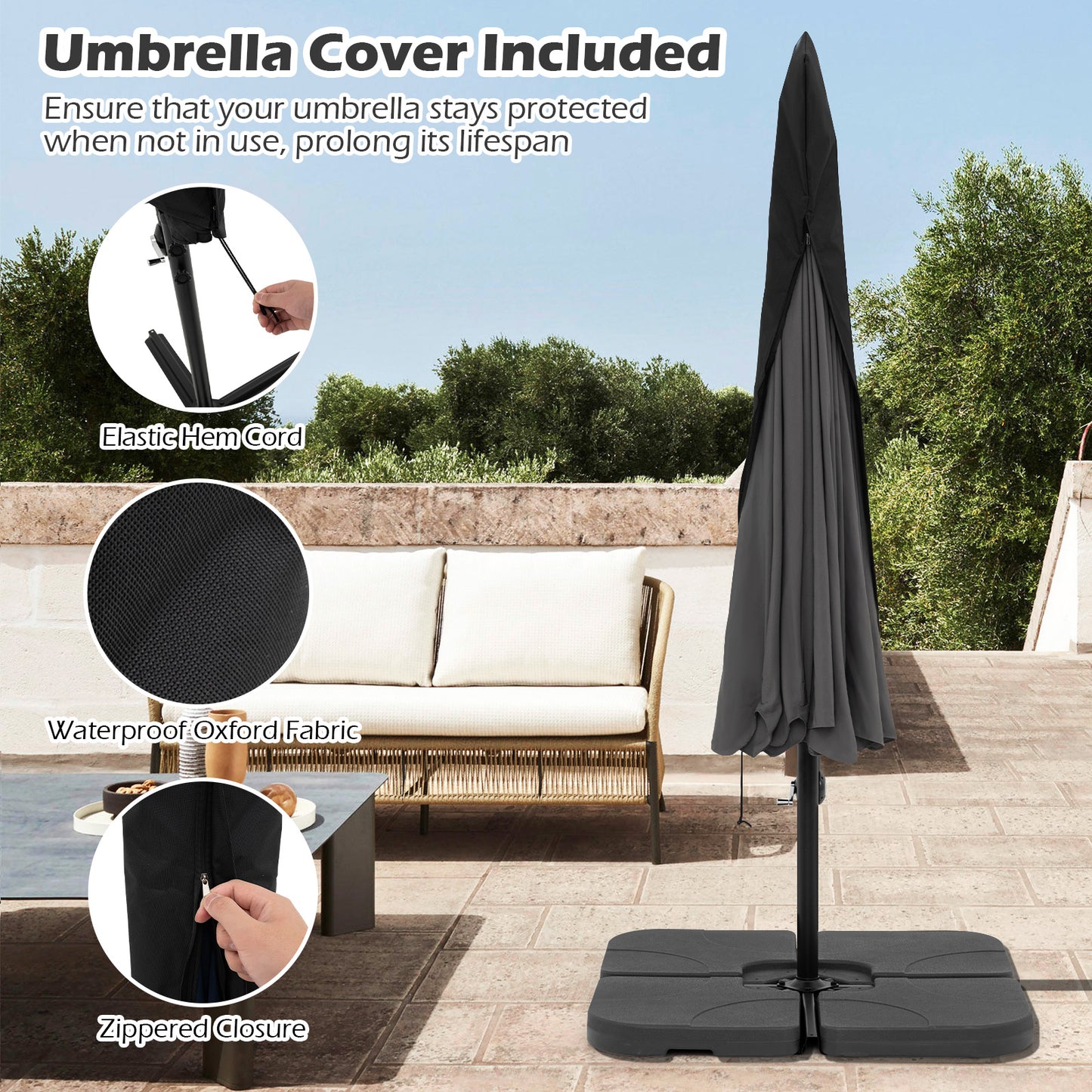 10 Feet Patio Cantilever Umbrella with Cover Tilt Adjustment and Ruffled Edge, Gray Outdoor Umbrellas at Gallery Canada