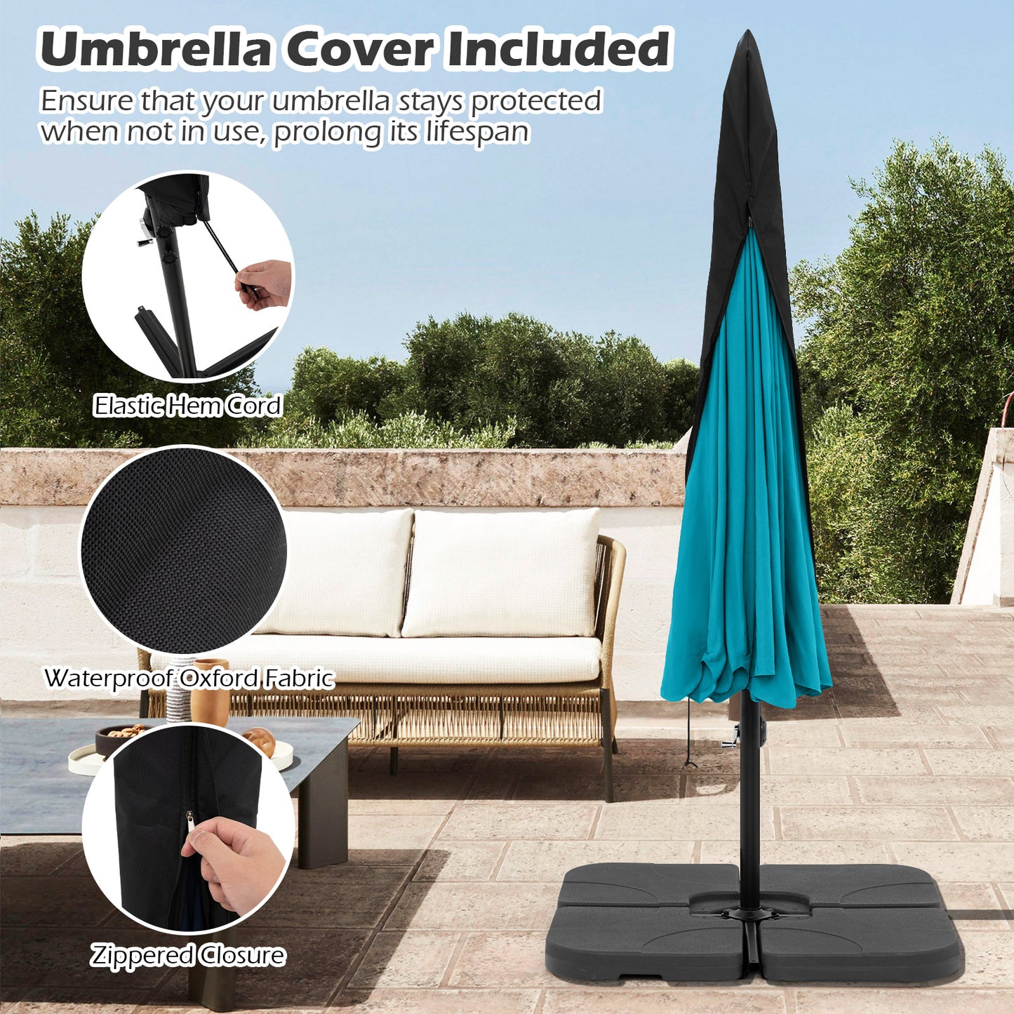 10 Feet Patio Cantilever Umbrella with Cover Tilt Adjustment and Ruffled Edge, Turquoise Outdoor Umbrellas at Gallery Canada